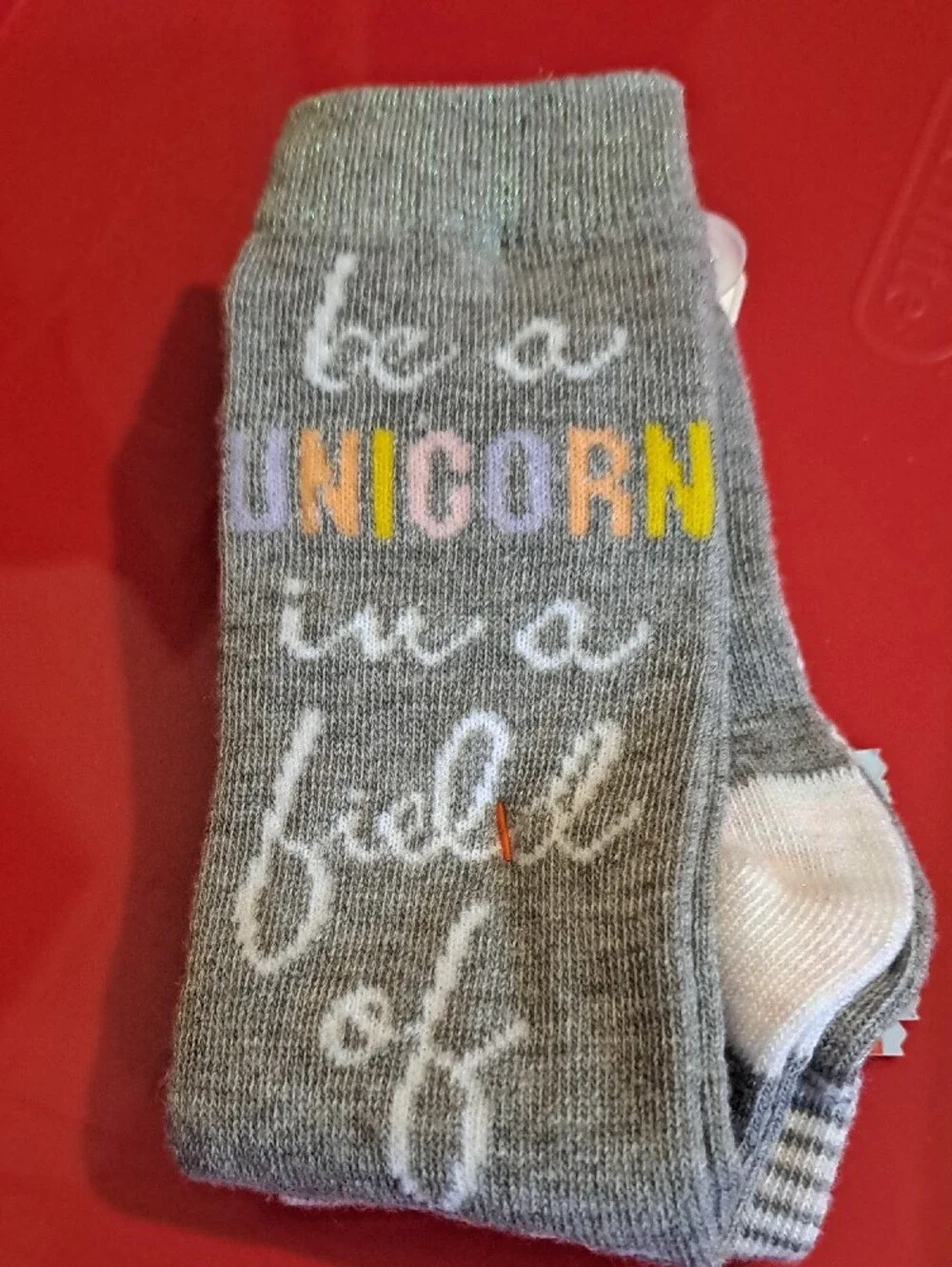 Cat & Jack White Knee-High Unicorn Socks with Yellow & Pink Hearts, Grey
